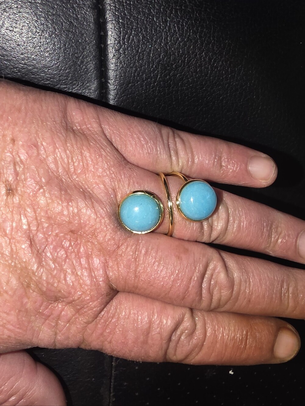 Double Teal Gemstone In Gold Tone Adjustable Ring